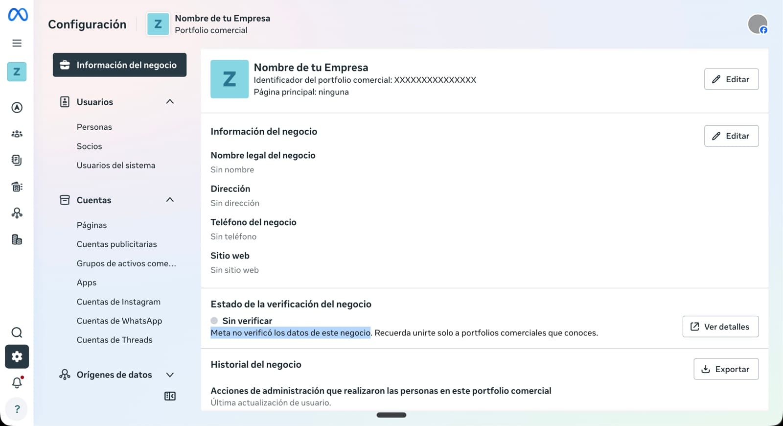 Vista 'Información del negocio' del Business Manager recién creado, con los campos vacíos y badge 'Sin verificar'.