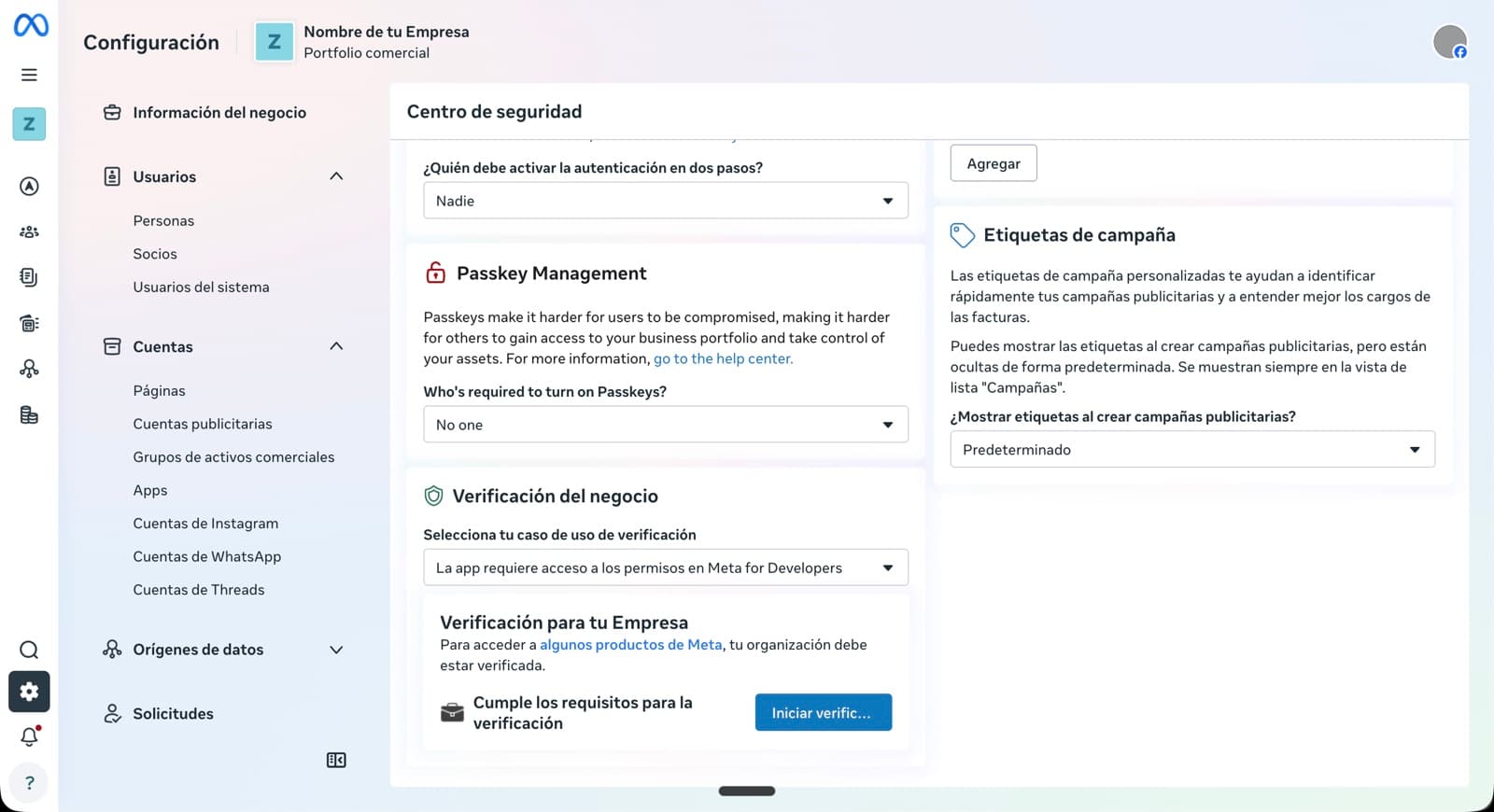 Centro de seguridad del Business Manager mostrando la sección 'Verificación del negocio' con el botón 'Iniciar verificación'.