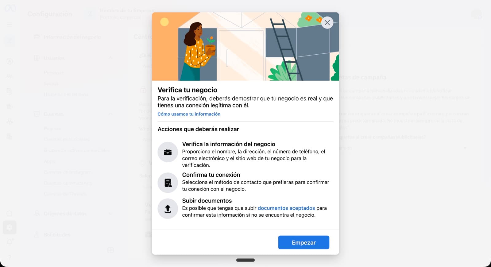 Modal 'Verifica tu negocio' explicando los 3 pasos: verificar información, confirmar conexión y subir documentos.