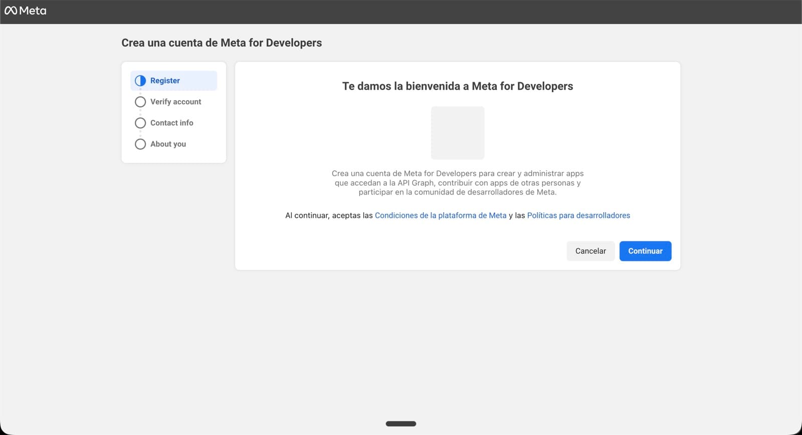Pantalla 'Te damos la bienvenida a Meta for Developers' con el wizard Register, Verify account, Contact info, About you en el sidebar.