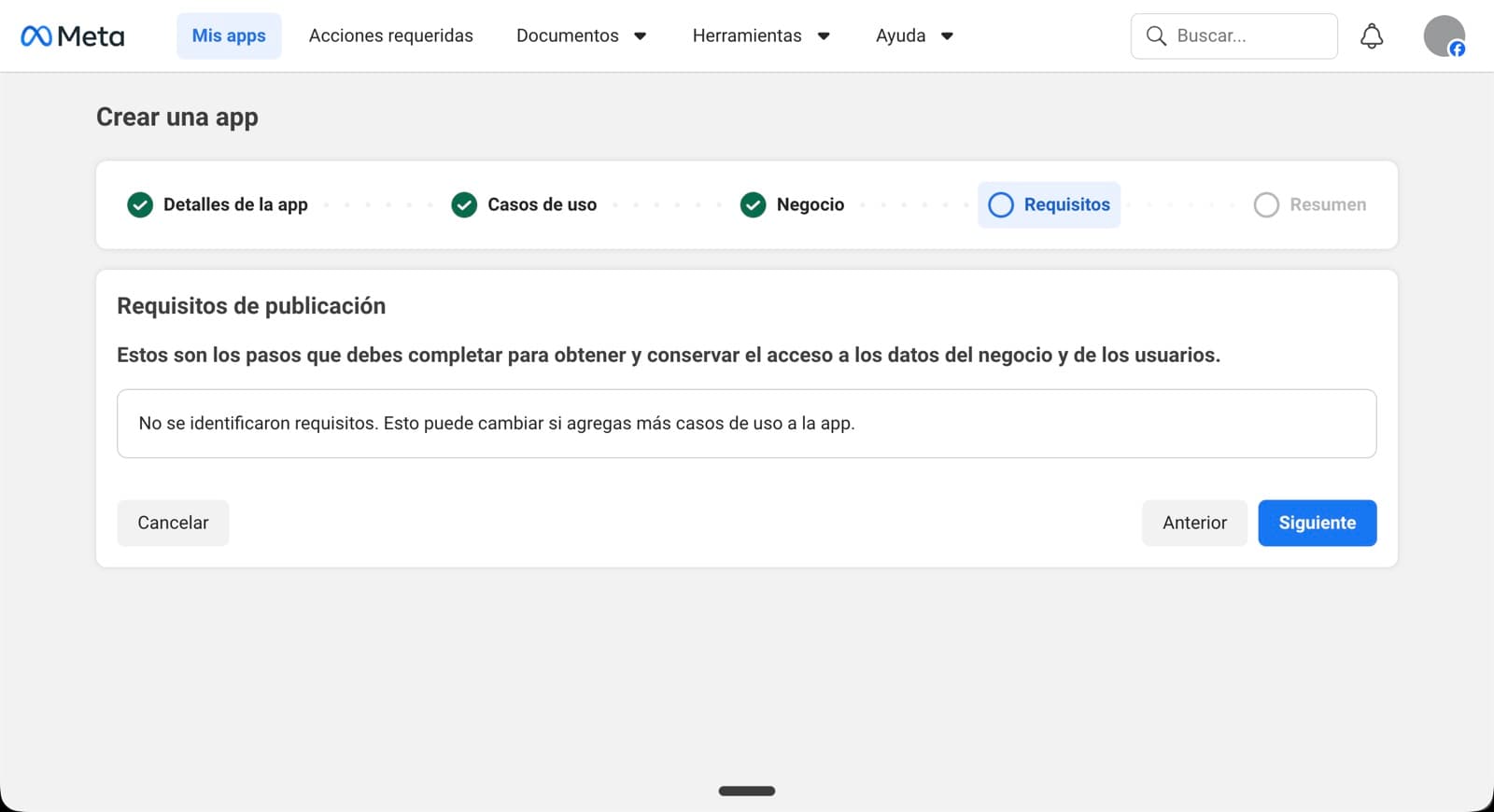 Pantalla 'Requisitos' indicando 'No se identificaron requisitos. Esto puede cambiar si agregas más casos de uso a la app.'