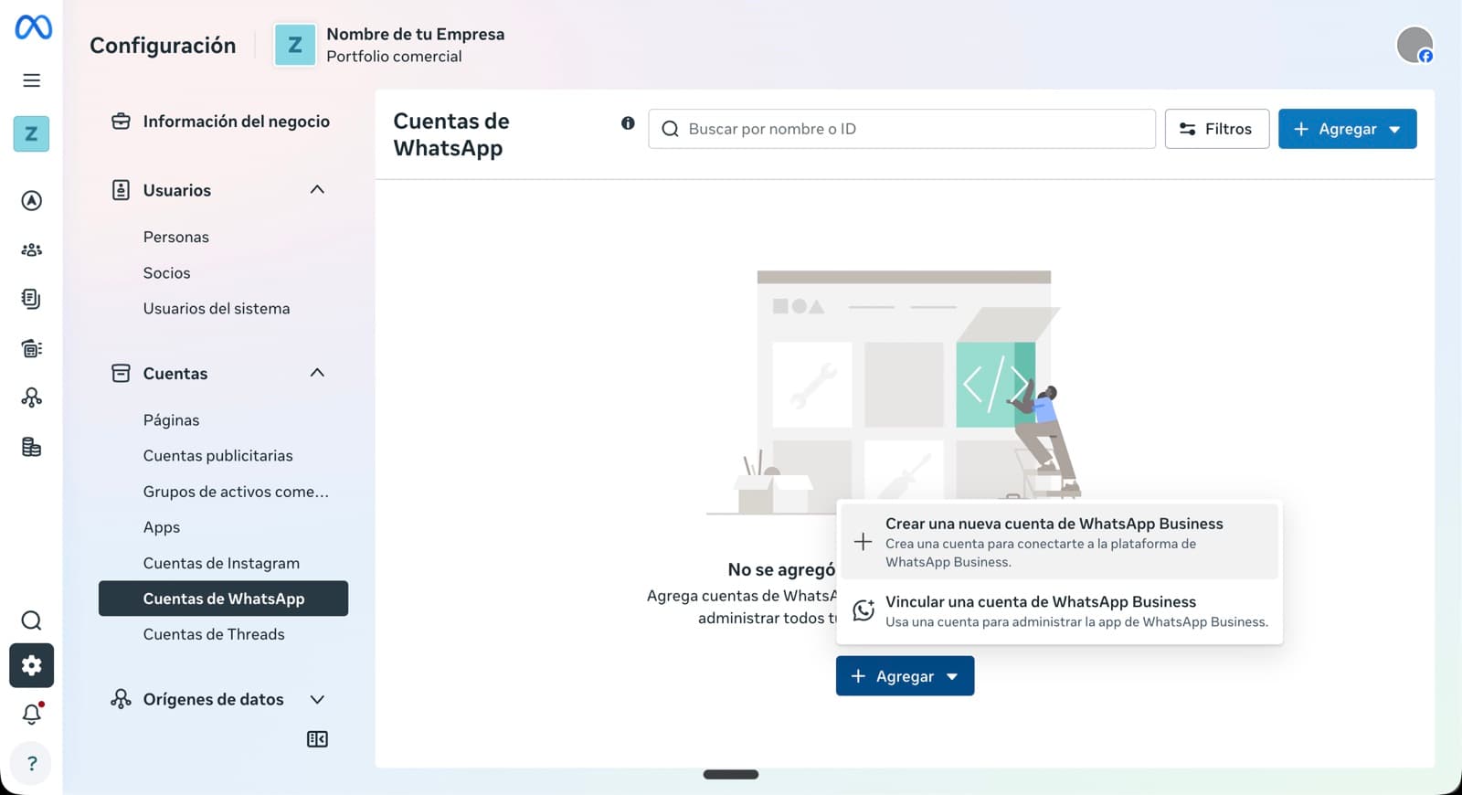 Vista 'Cuentas de WhatsApp' vacía con el dropdown 'Agregar' abierto mostrando las opciones 'Crear una nueva cuenta de WhatsApp Business' y 'Vincular una cuenta'.