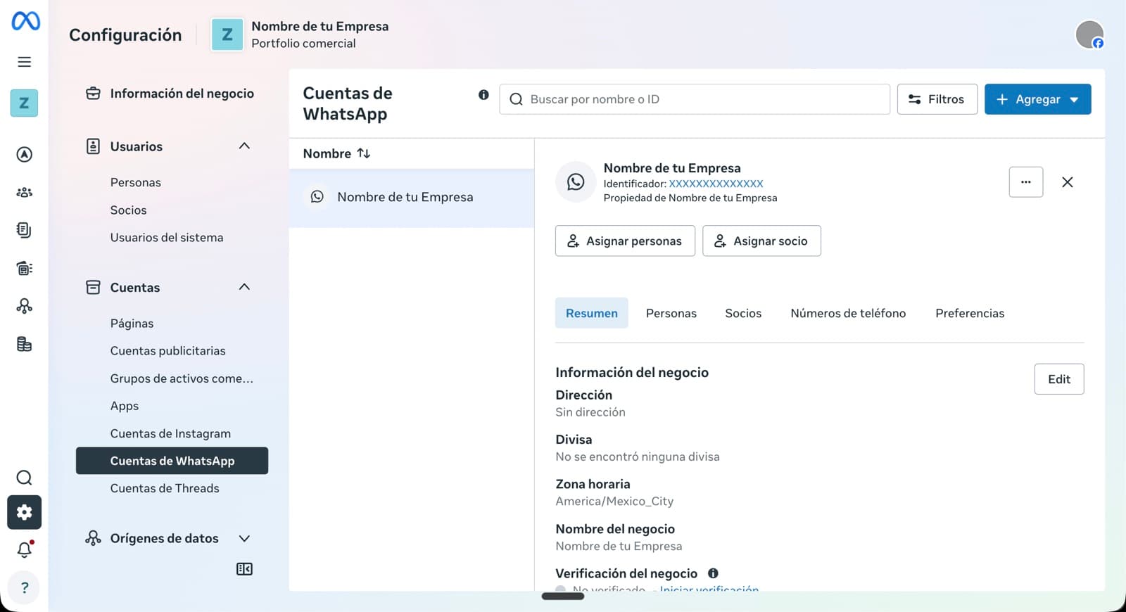 WABA recién creada mostrando el tab Resumen con información del negocio: dirección, divisa, zona horaria, verificación del negocio.