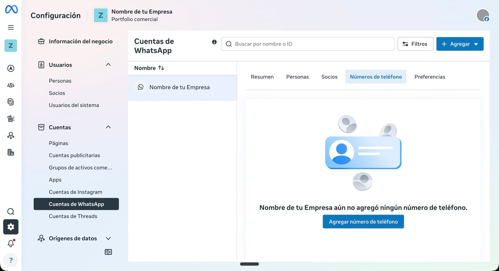 Tab 'Números de teléfono' de la WABA vacío, con mensaje 'aún no agregó ningún número de teléfono' y botón 'Agregar número de teléfono'.