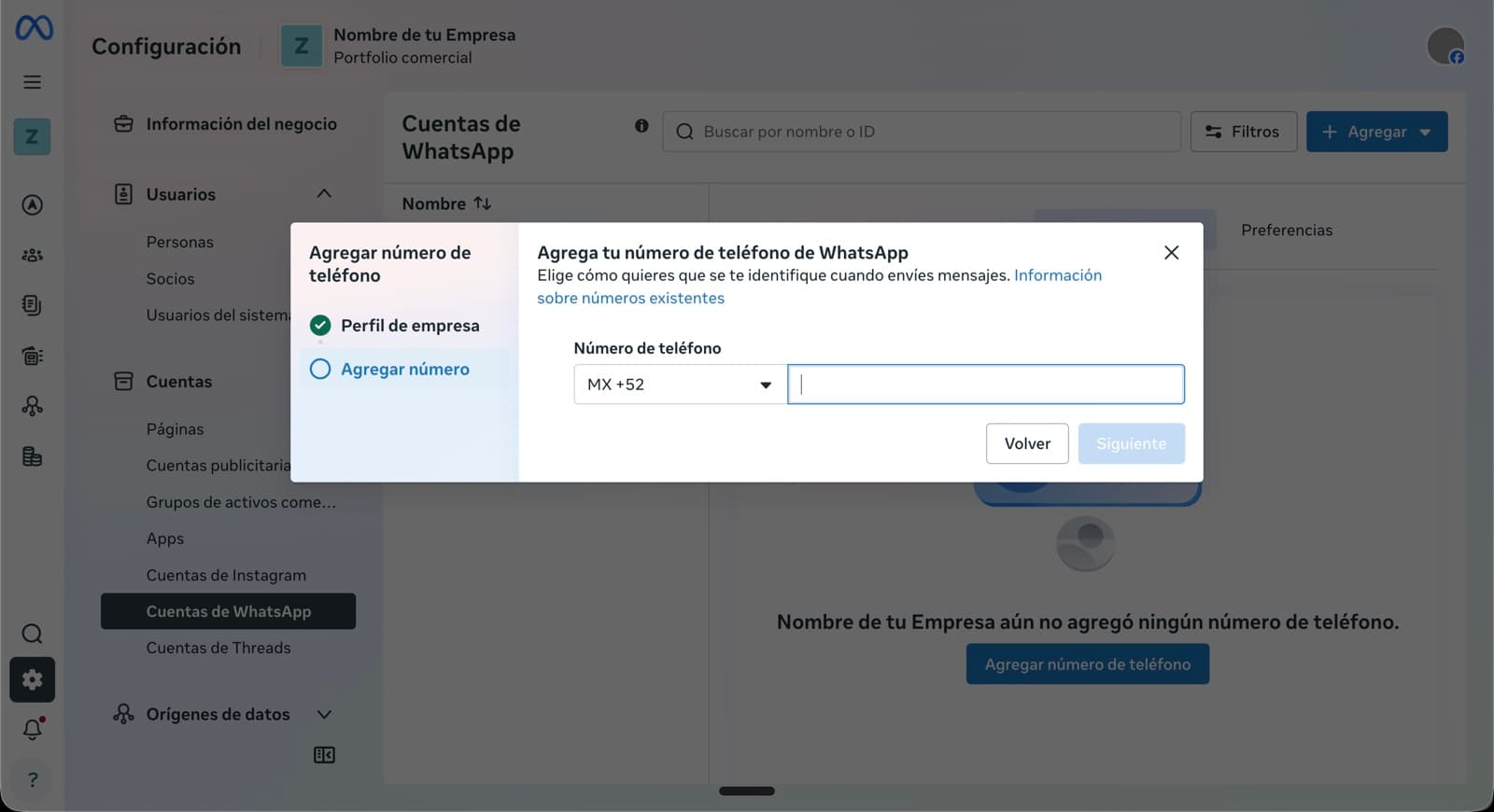 Modal 'Agregar número de teléfono' con dropdown de país (MX +52) y campo del número, pestañas 'Perfil de empresa' y 'Agregar número'.