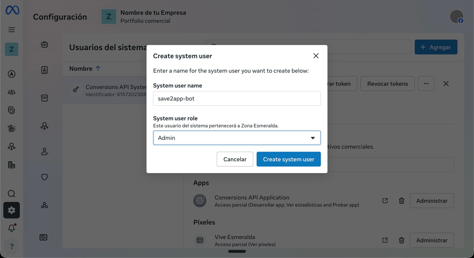 Modal 'Create system user' con el campo System user name completo con 'save2app-bot' y el rol 'Admin' seleccionado.