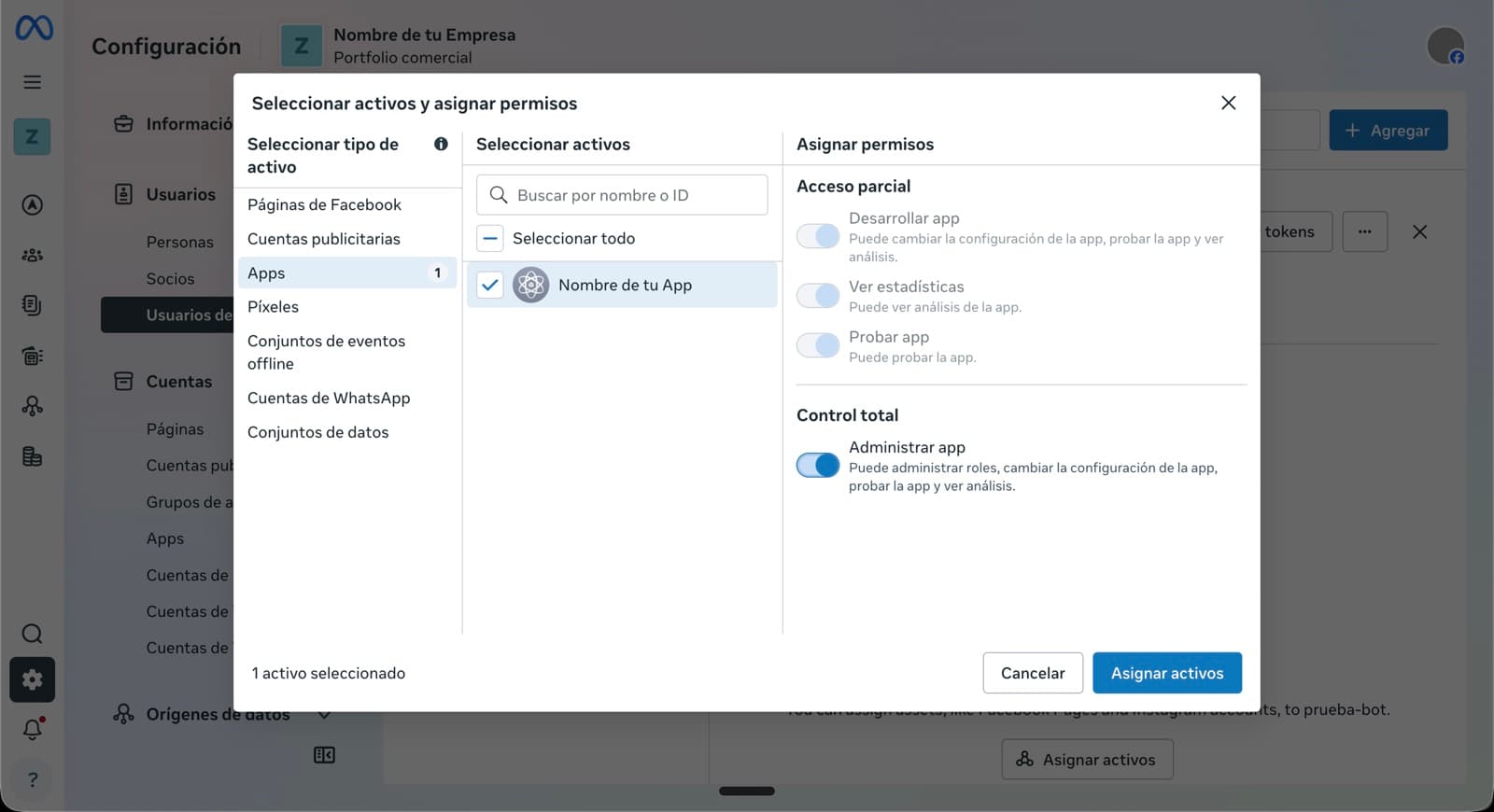 Modal 'Seleccionar activos y asignar permisos' en la pestaña 'Apps', con la app seleccionada y el permiso 'Administrar app' activado en Control total.