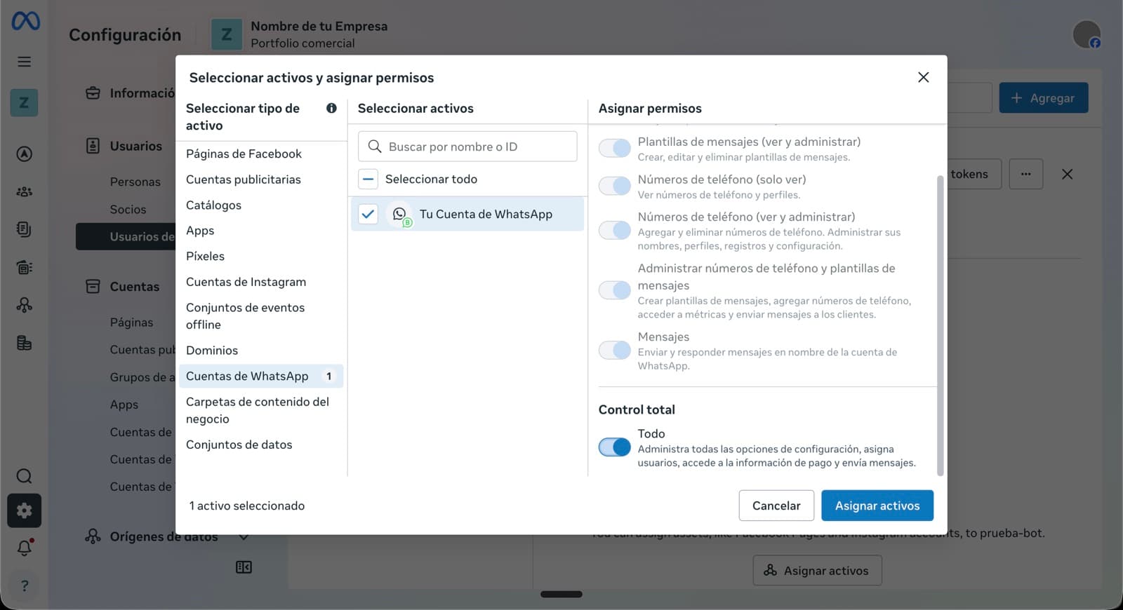 Modal 'Seleccionar activos y asignar permisos' en la pestaña 'Cuentas de WhatsApp', con la WABA seleccionada y permiso 'Todo' activado.