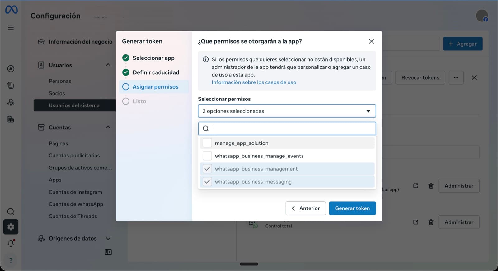 Modal 'Generar token' en el sub-paso 'Asignar permisos', con whatsapp_business_management y whatsapp_business_messaging marcados.