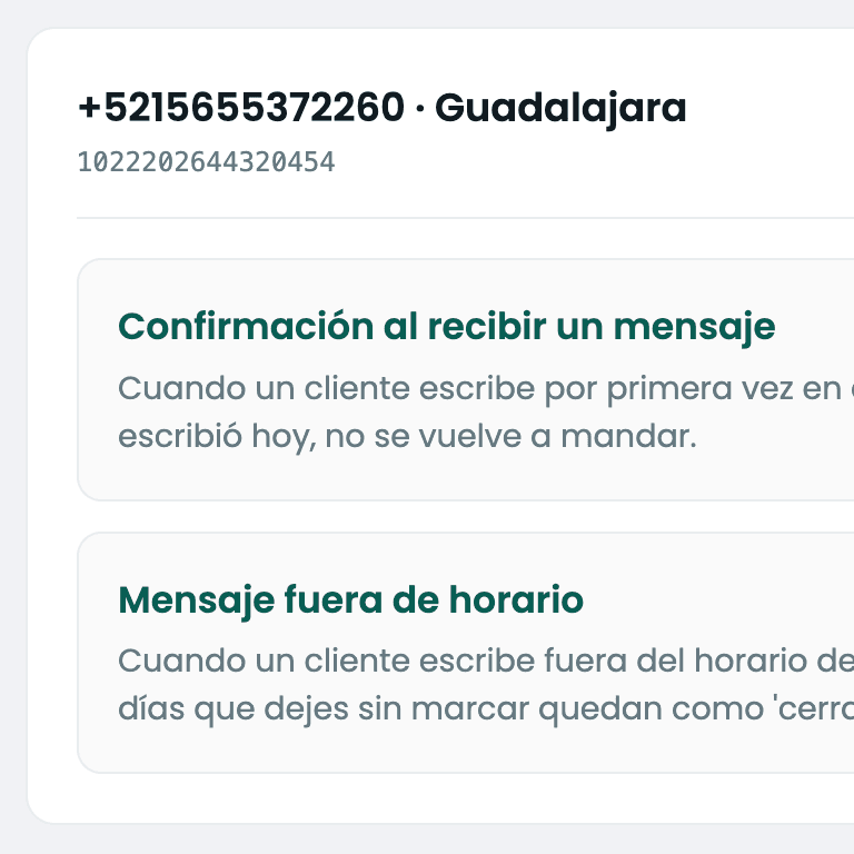 Configuración de respuestas automáticas por número con dos bloques: confirmación al recibir mensaje y mensaje fuera de horario.